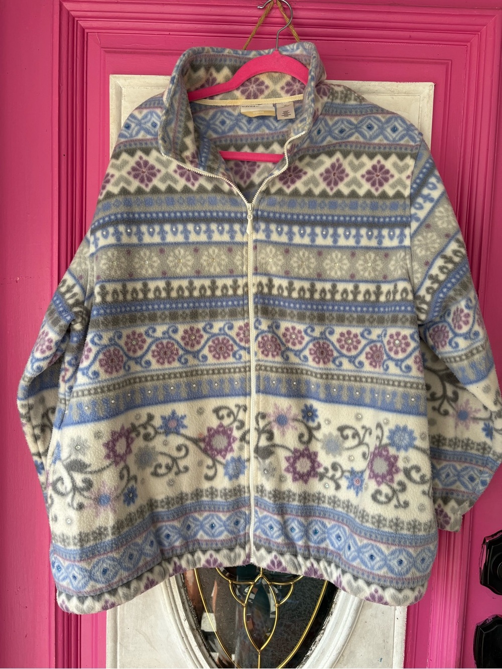 Alfred Dunner Cream, Blue & Purple Patterned Zip-Up Fleece